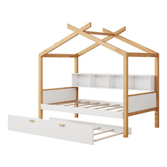 Bellemave® Wooden House Bed with Original Wood Color Frame with Trundle Bed and Bookshelf Storage Space