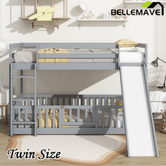 Bellemave® Twin Size Solid Pine Wood Floor Bunk Bed with Slide and Ladder, Door and Safety Guardrails