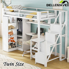 Bellemave® Metal Loft Bed With Desk, USB Ports, 5-Layer Shelf, Wardrobe and Stepped Stairs