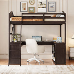 Bellemave® Full Size Wooden Loft Bed with U-shaped Desk,Storage Compartments and Tri-fold Mirror