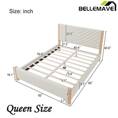 Bellemave® Queen Size Modern Mid-Century Upholstered Platform Bed with Tufted Headboard and Solid Wood Legs