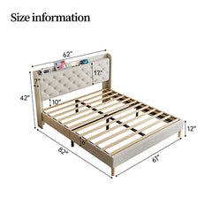 Bellemave® Queen Size Cotton and Linen Fabric Platform Bed with Mesh Backboard and LED Lights