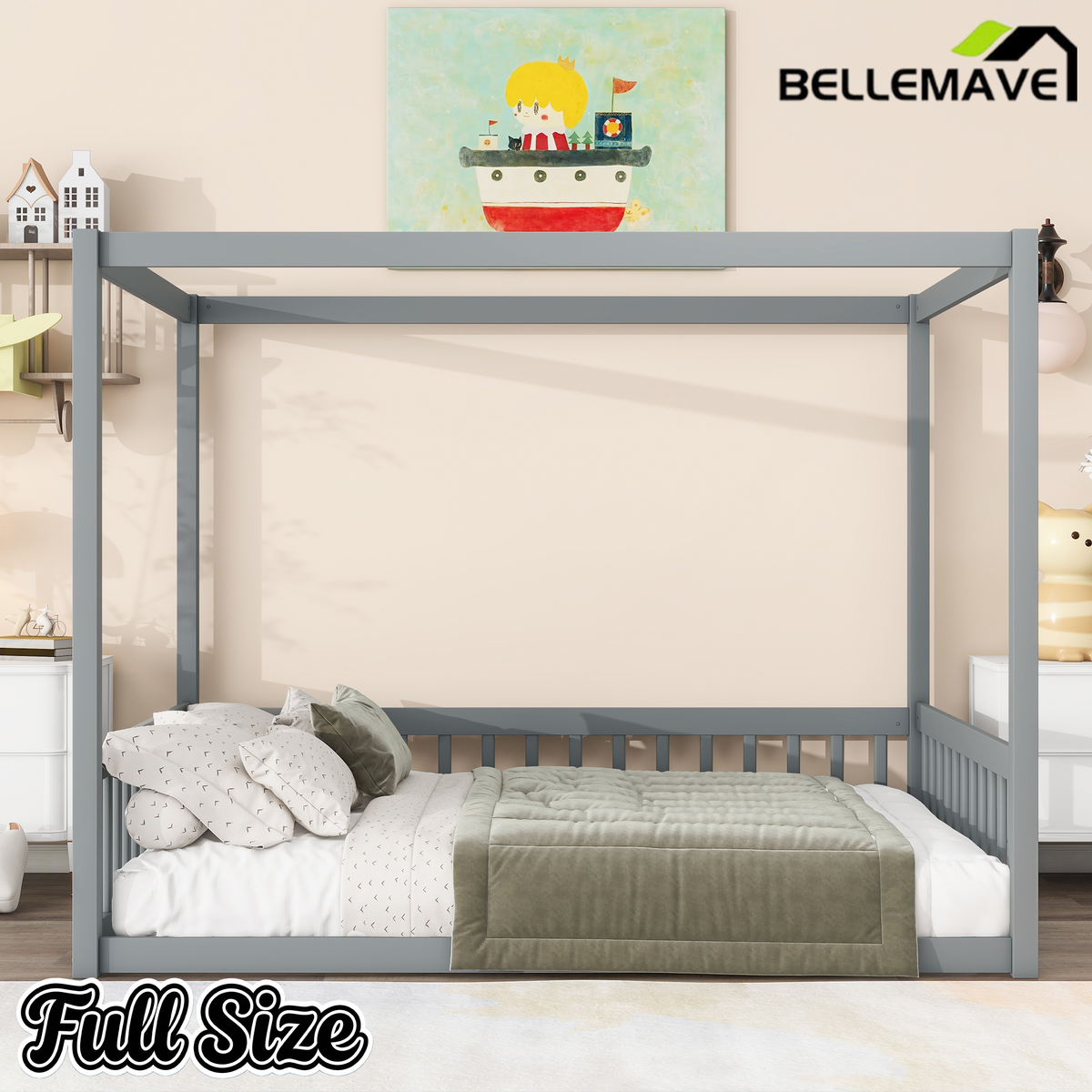Bellemave® Full Size Canopy Frame Rubber Wood Floor Bed with Fence,Guardrails,Grey Bellemave®