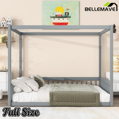 Bellemave® Full Size Canopy Frame Rubber Wood Floor Bed with Fence,Guardrails,Grey Bellemave®
