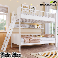 Bellemave® Twin Size Bunk Bed with 3 Storage Shelves, Safety Guardrails & Interchangeable Ladder, Space Saving Design for Kids Room, White Bellemave®