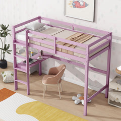 Bellemave® Twin Size Rubber Wood High Loft Bed with Safety Guardrail, Built-in Desk and Ladder