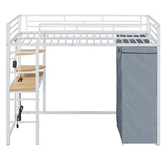 Bellemave® Loft Metal Bed with Desk,Shelves,Power Outlet,LED Light and Wardrobe