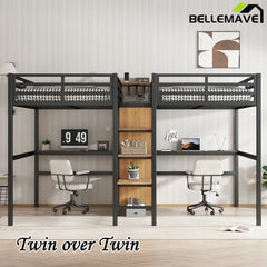 Bellemave® Twin Over Twin Metal Loft Bed with Double Desk, Wardrobe and Shelves with Electrical Outlet