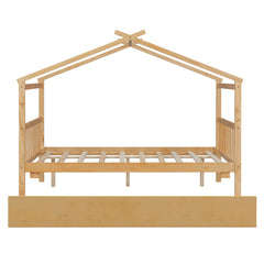 Bellemave® House Bed with Trundle, Montessori House Bed with Roof Design, Wood Daybed Frame, No Box Spring Needed Bellemave®