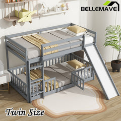 Bellemave® Twin Size Solid Pine Wood Floor Bunk Bed with Slide and Ladder, Door and Safety Guardrails