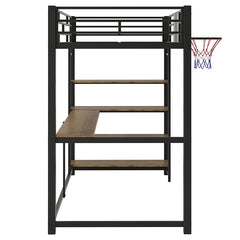 Bellemave® Twin Size Metal Loft Bed with Shelves, Desk and Basketball Hoop