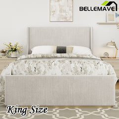 Bellemave® Corduroy Upholstered Bed with Vertical Stripe Wingback Headboard and High Footboard