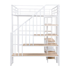 Bellemave® Full Size Metal Loft Bed with Staircase,Low Storage Table and Storage Shelves