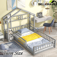 Bellemave® Twin Size House-Style Headboard Floor Bed with Fence