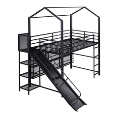 Bellemave® Twin Size Metal House Loft Bed with Iron mesh Shelves and Slide