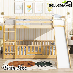 Bellemave® Twin Size Solid Pine Wood Floor Bunk Bed with Slide and Ladder, Door and Safety Guardrails