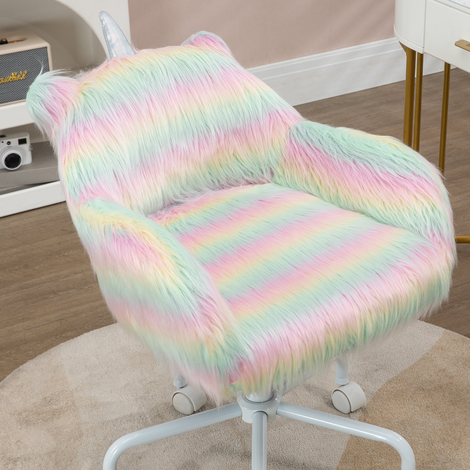 Bellemave® Fluffy Unicorn Office Chair with Mid-Back and Armrest Support, 5 Star Swivel Wheel White Base Bellemave®