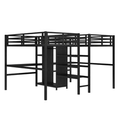 Bellemave® Twin Over Twin Metal Loft Bed with Double Desk, Wardrobe and Shelves with Electrical Outlet