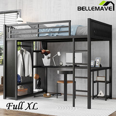 Bellemave® Metal Loft Bed with Built-in Wardrobe, Desk and Storage Shelves