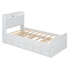 Bellemave® Wooden Platform Bed with Storage Headboard with Outlets, Twin Size Trundle with Three Storage Drawers