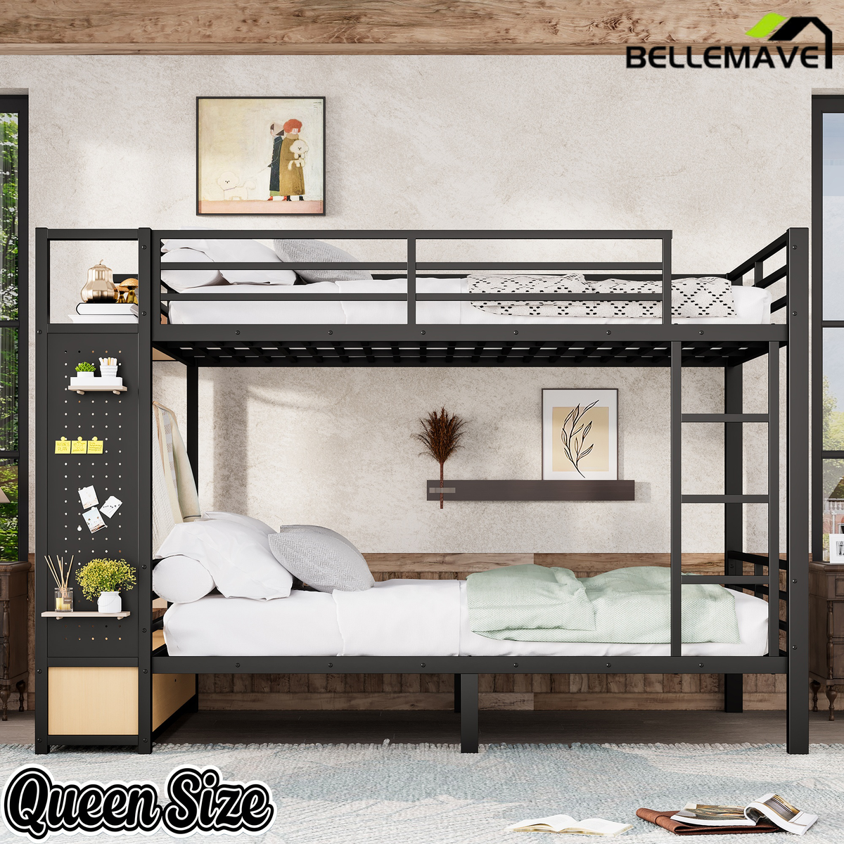 Bellemave® Bunk Bed Queen Over Queen,Metal Bunk Bed with Shelf, Guardrails, Storage Drawers & Clothes Hooks for Kids, Teens & Adults（Black）