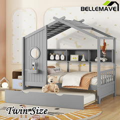 Bellemave® Wooden House Bed with Trundle and Storage Shelf