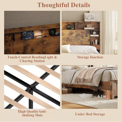 Storage Headboard Bed with Charging Station LED Lights and Bookcase