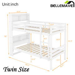 Bellemave® Twin Size Rubber Wood Bunk Bed with Shelves Headboard, Safety Guardrails and Ladder(Convertible)