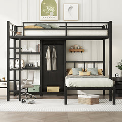 Bellemave® Full XL over Twin Metal Bunk Bed with Desk and Bookshelf ,Storage Shelves and Wardrobe