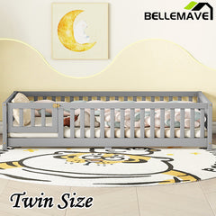 Bellemave® Twin Size Montessori Floor Bed with Safety Guardrails and Door