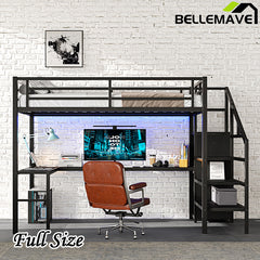 Bellemave® Metal High Loft Bed with L-shaped Desk and USB, Wardrobe and Adjustable Shelf, LED Light