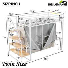 Bellemave® Metal Loft Bed with Wardrobe and Storage Shelves