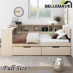 Bellemave®  Wood Daybed with Storage Shelves, Drawers, Charging Station and Upholstered Headboard