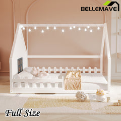 Bellemave® Full Size Wood Floor House Bed with Window and Fence