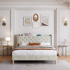 Bellemave® Queen Size Cotton and Linen Fabric Platform Bed with Mesh Backboard and LED Lights