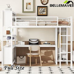 Bellemave® Full Size Metal Loft Bed with Wardrobe And L-shaped Desk,  Storage Cubes and Shelves