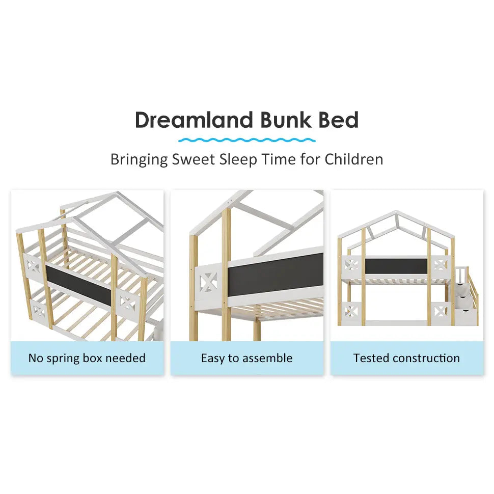 Bellemave® Twin Size House Bunk Bed with White Storage Staircase and Blackboards Bellemave®