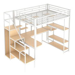 Bellemave® Full Size Metal Loft Bed with Storage Staircase and Small Wardrobe, Built-in Desk and Storage Shelves