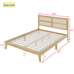 Bellemave® Queen Size Rubber Wooden Platform Bed with Rattan Headboard, Enhanced by Support Feet