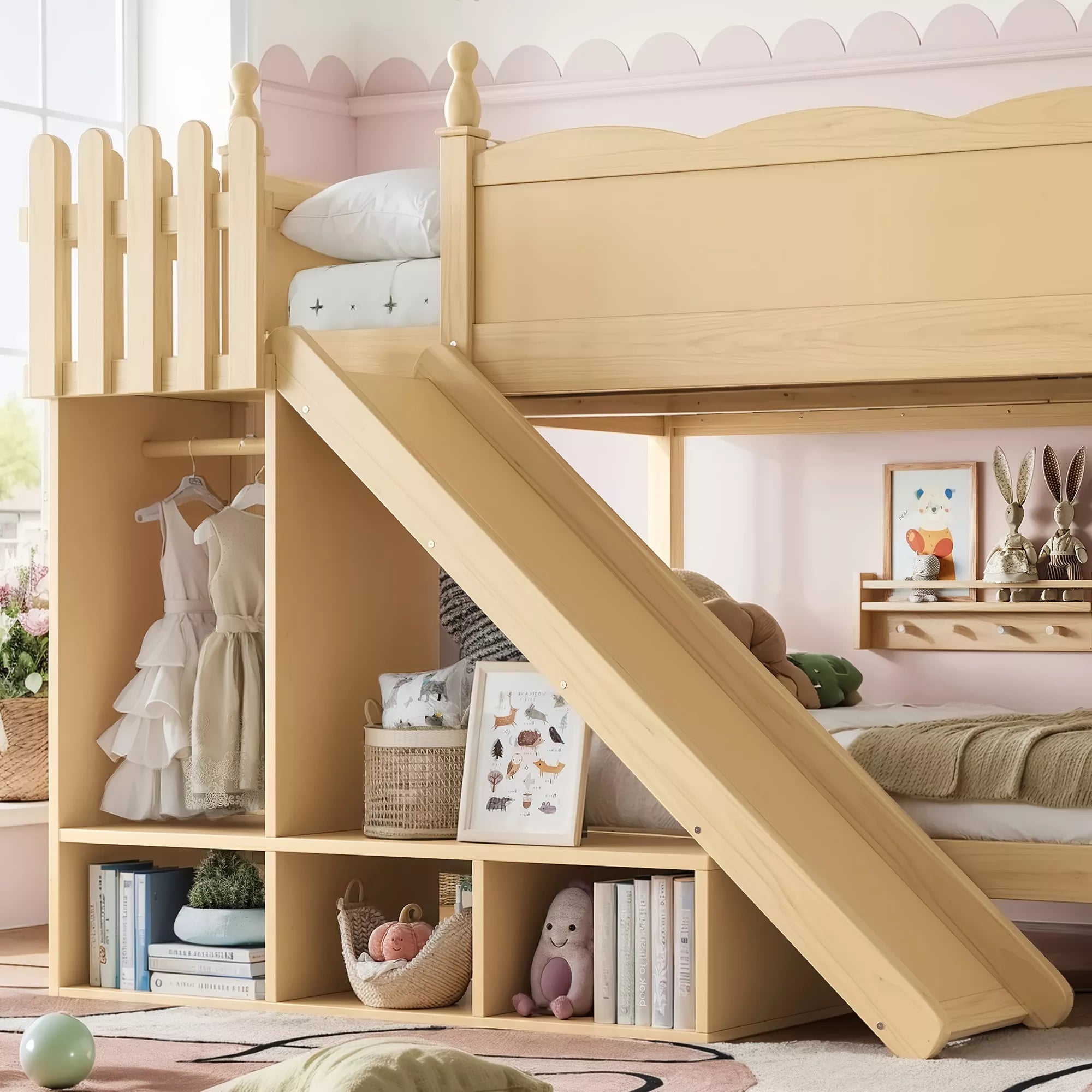Bellemave® Full over Full Bunk Bed with Storage Shelves,Solid Wood Bed with Slide & Ladders, Low Profile Design Bellemave®