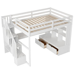 Bellemave® Full Size Loft Bed with Desk and Shelves, Two Built-in Drawers, Storage Staircase