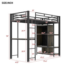 Bellemave® Twin Size Metal Loft Bed with Built-in Wardrobe, Desk and Shelves