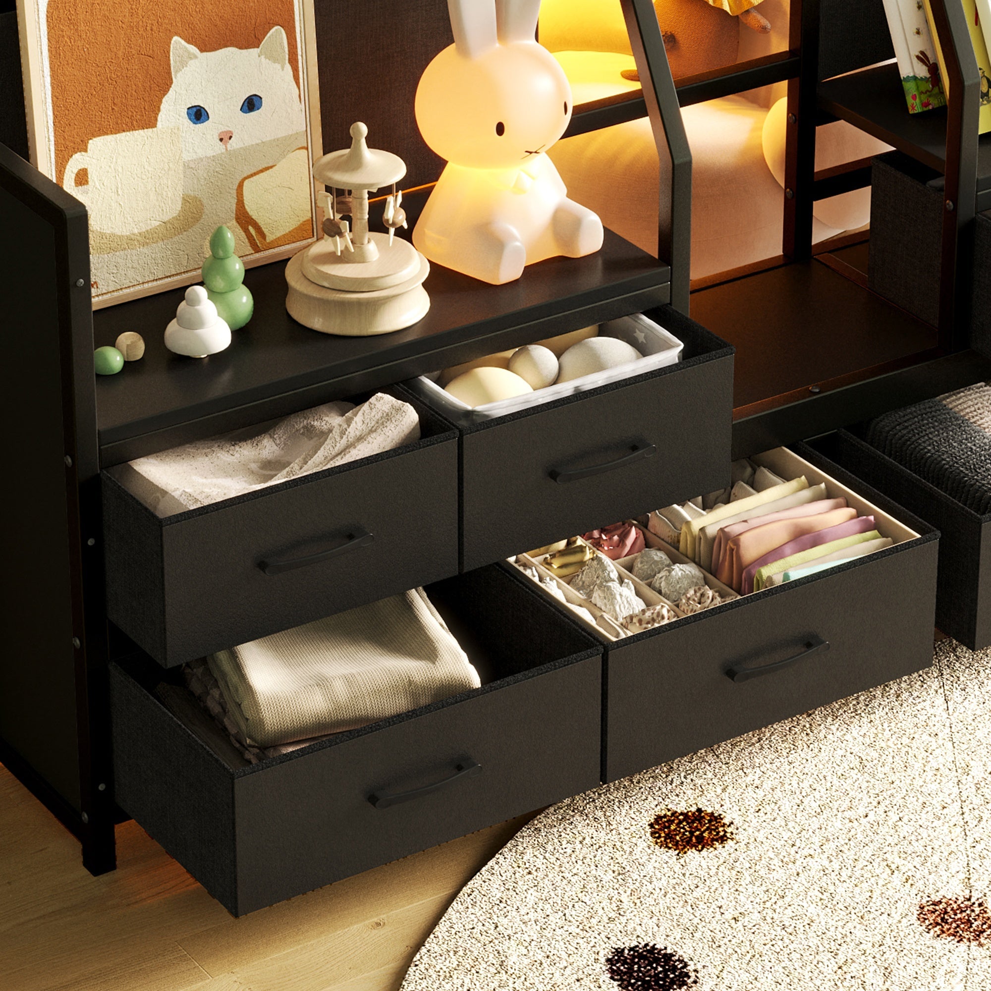 Bellemave® Low Metal Loft Bed Twin Size with Storage Shelves & Fabric Drawers, LED Lights & Under-Bed Play Area for Bedroom, No Box Spring Needed Bellemave®