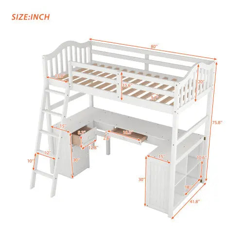 Bellemave® Twin Size Loft Bed with Drawers and Cabinet, Shelves and Desk