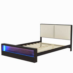 Bellemave® Platform Bed with Upholstered Headboard and Bookshelf in Footboard and LED Light Strips