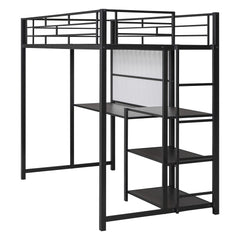 Bellemave® Metal Loft Bed with Desk and Whiteboard, 3 Shelves and Ladder