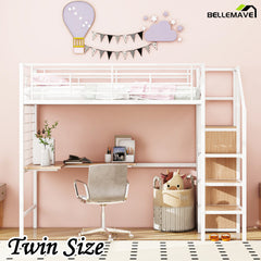 Bellemave® Metal Loft Bed with Desk and Metal Grid, Lateral Storage Ladder and Wardrobe