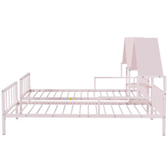 Bellemave® Double Twin Size Metal Platform Bed with House-shaped Headboard and a Built-in Nightstand