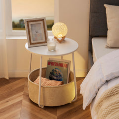 Bellemave® Small Round Side End Table with Fabric Basket