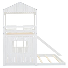 Bellemave® Twin over Full House Bunk Bed with Playhouse, Farmhouse and Ladder, Slide and Guardrails